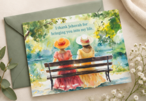 watercolour of two sisters sitting on a bench in paradise